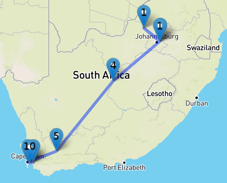 Plan du Circuit : le Meilleur de l’Afrique du Sud